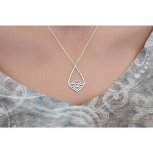 Sterling Silver Teardrop Charm with Wave Pattern Necklace